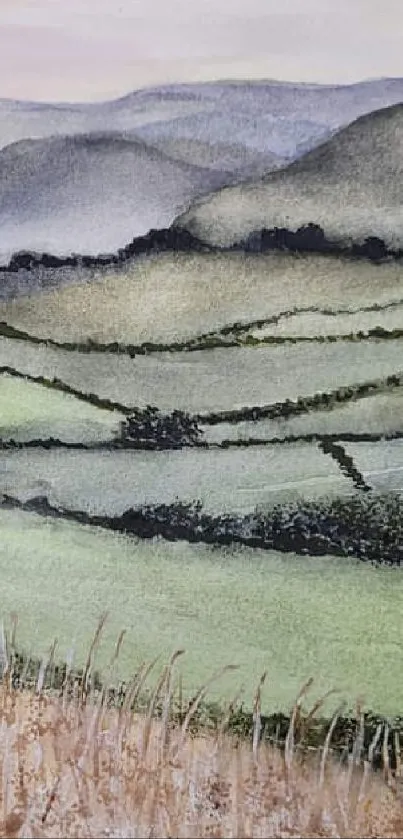 Serene watercolor landscape of West Wales with hills.