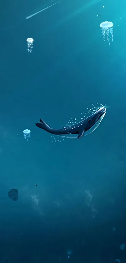 Graceful whale swimming in deep blue ocean, creating a serene mobile wallpaper.