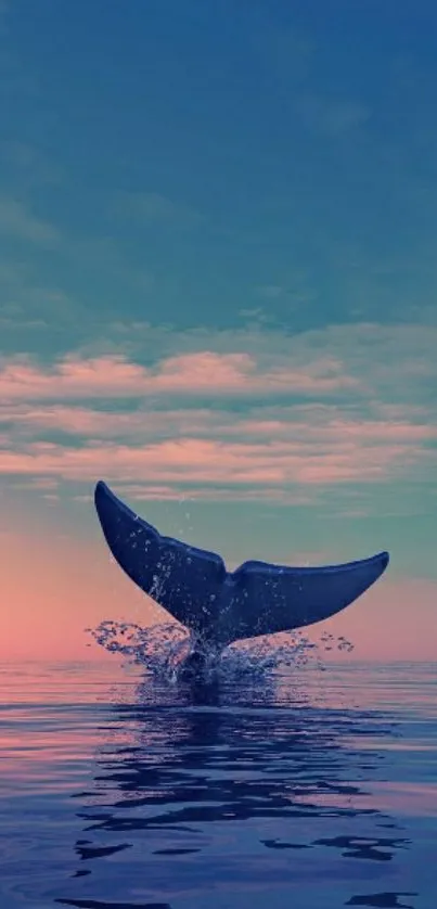 Whale tail rising against a sunset sky over the ocean, a serene mobile wallpaper scene.