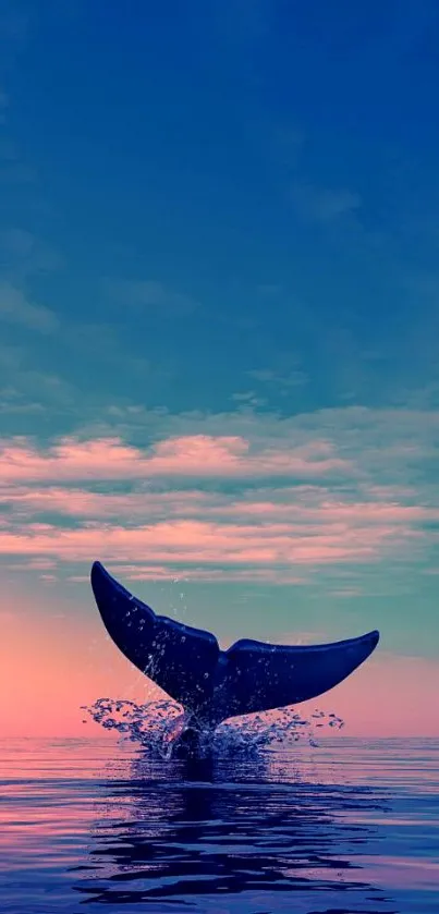 Whale tail emerging from calm ocean at sunset, under a vibrant sky.