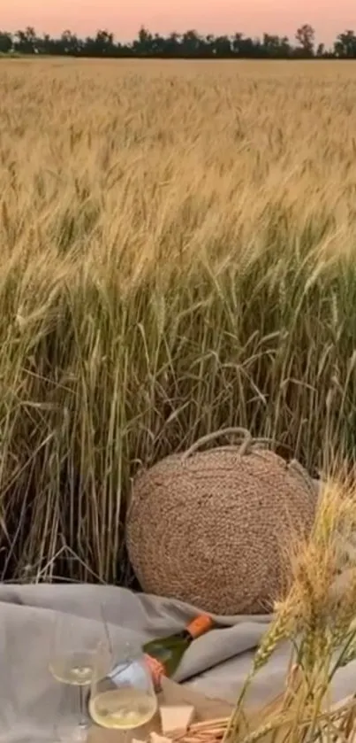 Peaceful picnic setup in wheat field at sunset.