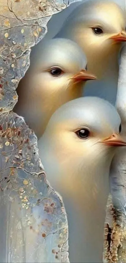 Three white birds nestled in a tree textured setting.