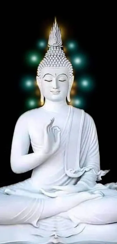 White Buddha statue on dark background with glowing lights.