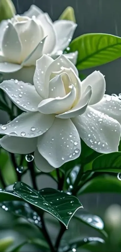 White flowers with green leaves in rain.