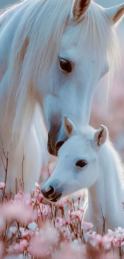 White horses in a pink meadow creating a serene scene.