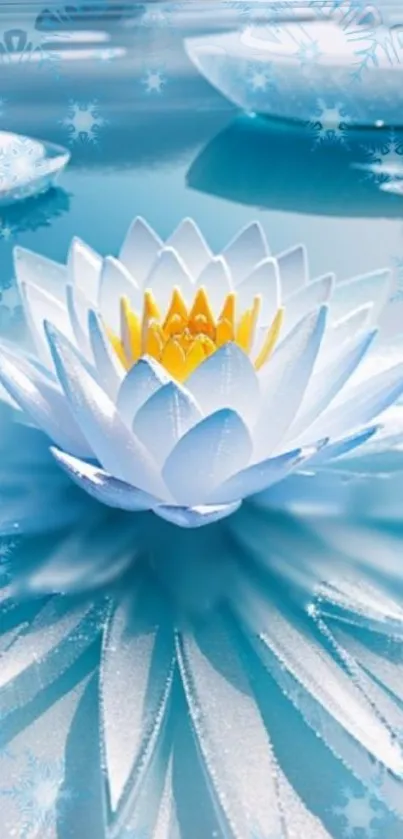 White lotus flower on serene blue water with abstract patterns.