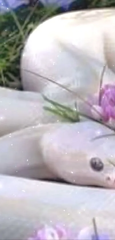 White snake nestled among purple flowers and green leaves.