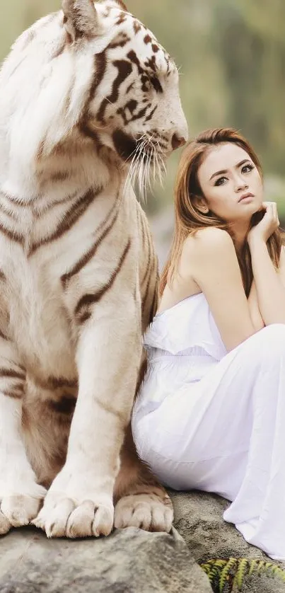 White tiger with woman on rocks in a serene natural setting.