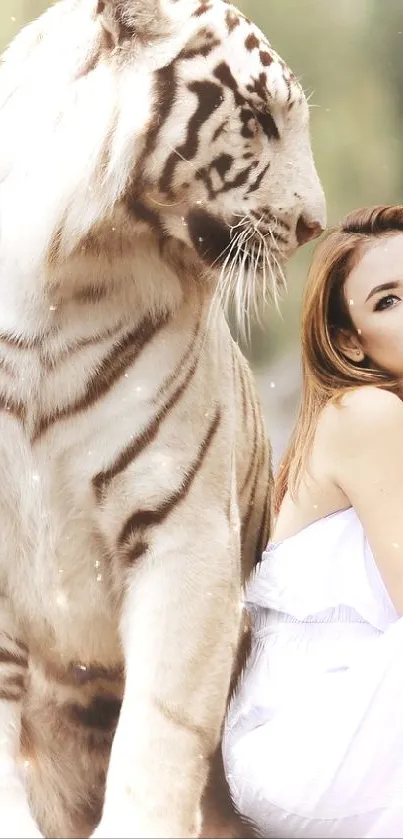 White tiger and woman on rocks, serene forest setting.
