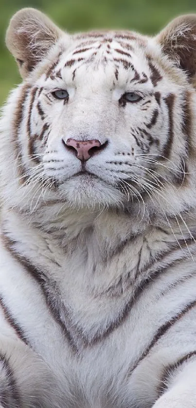 Majestic white tiger resting in lush green grass.