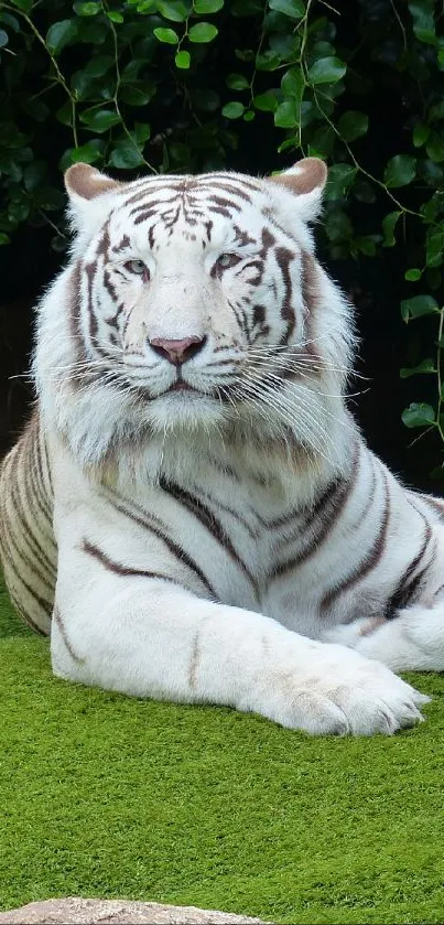 White tiger lounging on green grass with leafy backdrop.