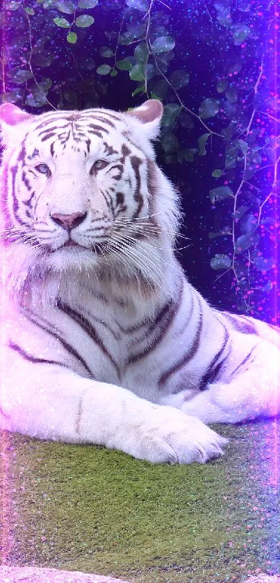 White tiger resting on green grass with leafy background.