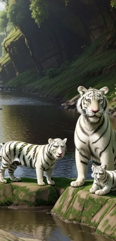 White tigers by a calm river in a lush green forest.