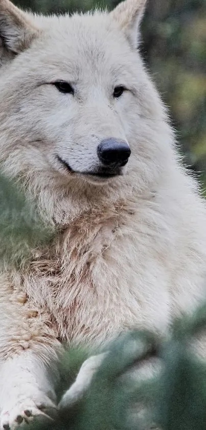 Serene white wolf sitting in lush green forest.