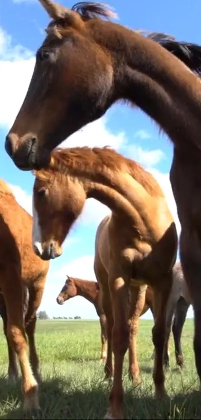 A group of wild horses standing in a lush green field under a bright blue sky.