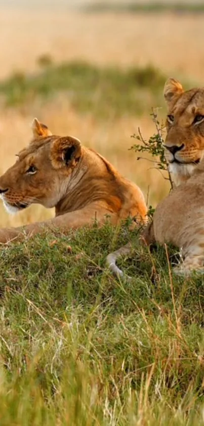 Two lions resting in a golden savannah scene.