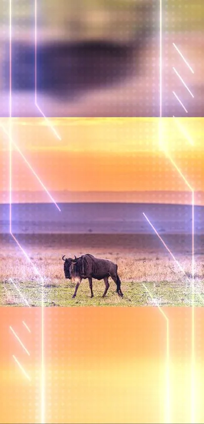 Wildebeest at sunset with neon light effects, creating a serene mobile wallpaper.