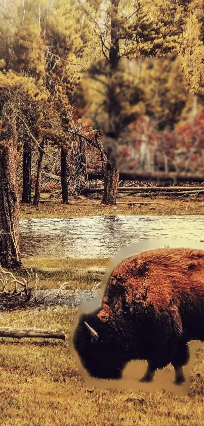 Buffalo grazing in serene forest landscape with earthy tones.