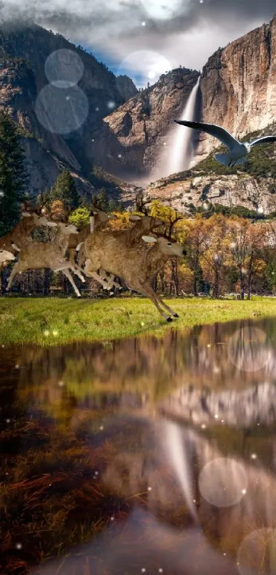 Deer and waterfall serene scenic view wallpaper.