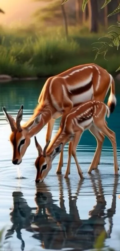 Two gazelles drinking by a tranquil forest lake.