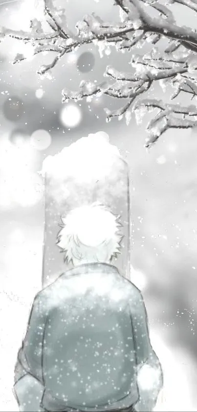 Anime character standing in a snowy, serene winter scene with snow-covered branches.