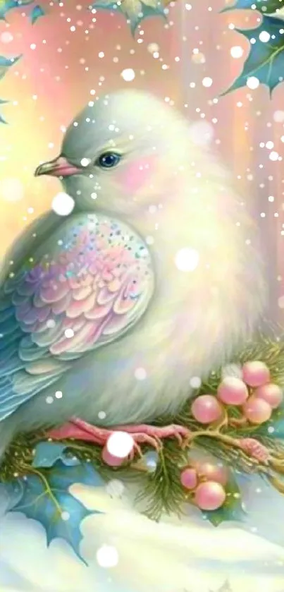 Whimsical winter bird on a branch in a pastel scenery.