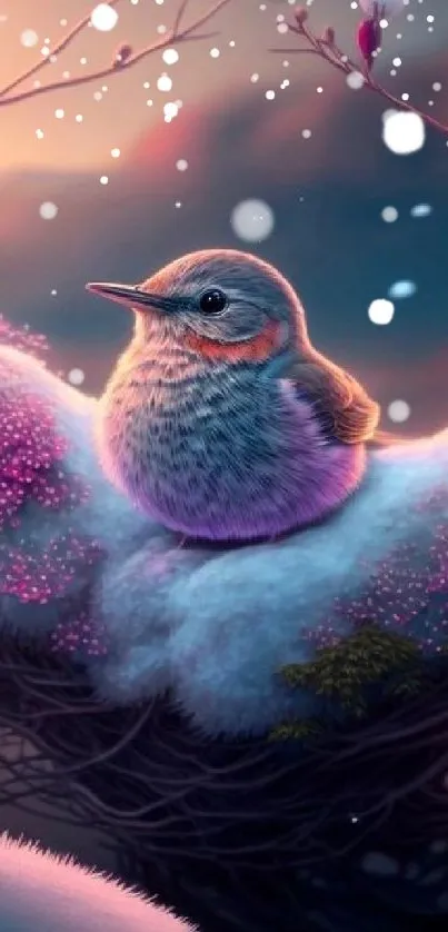 Fantasy bird resting on snowy branch in vibrant winter scene.