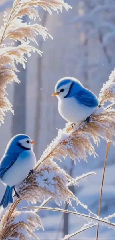 Two bluebirds perched on frosty branches in winter.