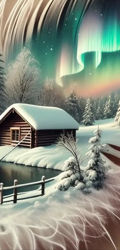 Snowy cabin under aurora borealis with trees and serene landscape