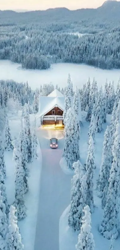 Snow-covered cabin nestled in a tranquil winter forest scene.