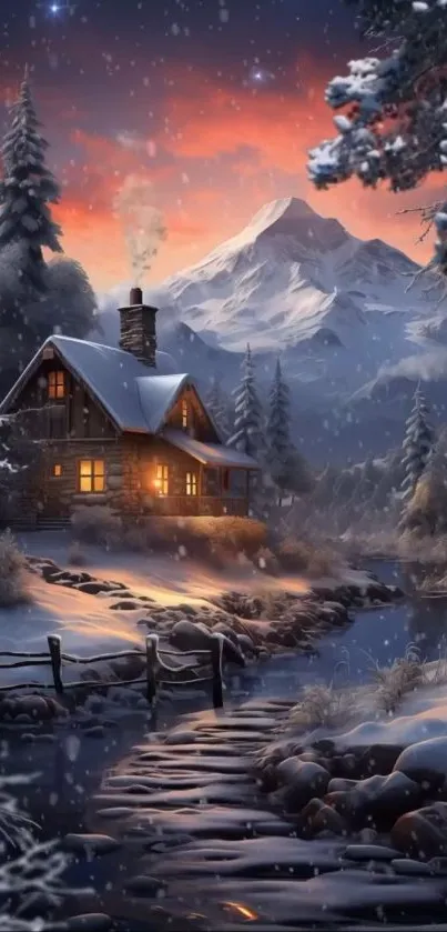 Cozy mountain cabin in snowy landscape at dusk.