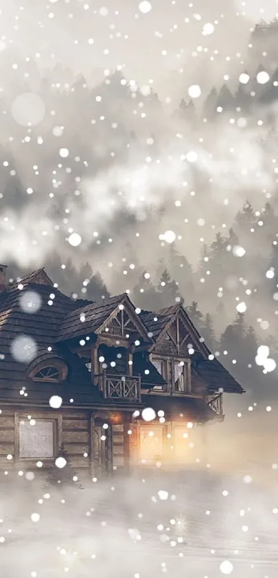 Cozy winter cabin surrounded by snow and mist, ideal for mobile wallpaper.