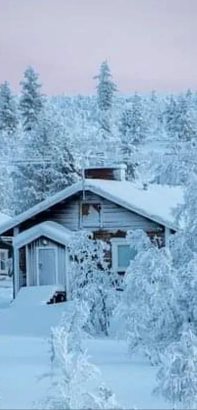 Serene winter cabin surrounded by snowy trees under a pastel pink evening sky.