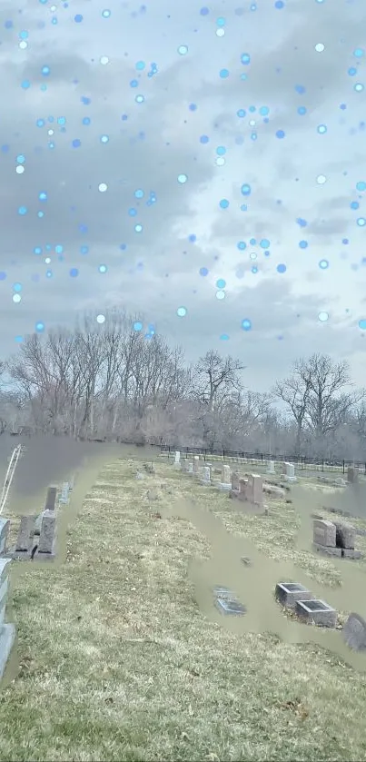 Winter cemetery with blue snowflakes falling.