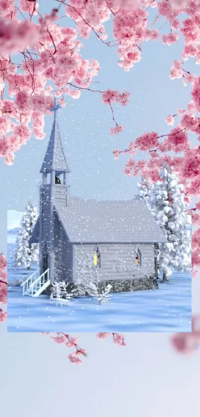 Winter chapel with cherry blossoms wallpaper.