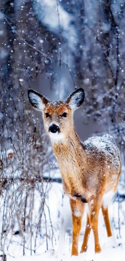 A lone deer stands in a snowy, serene winter forest scene with gentle snowfall.