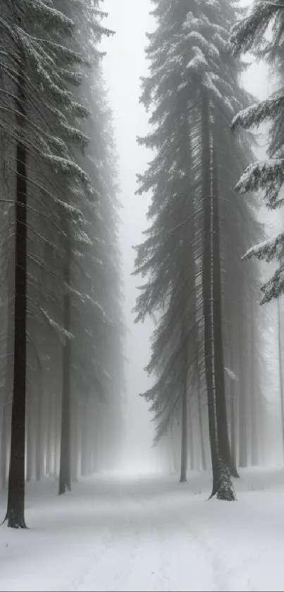 Misty winter forest with snow-covered trees along a serene path.