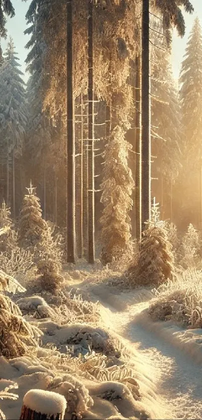 A serene winter forest path with sunlight filtering through tall trees.