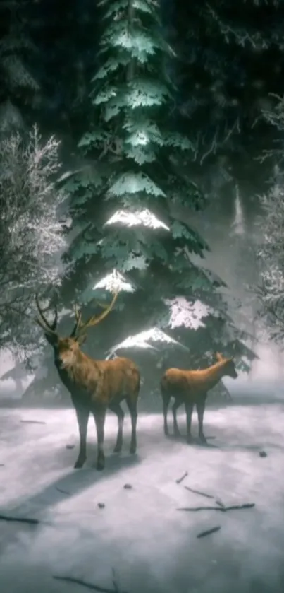 Majestic deer in a snowy winter forest setting with tall trees.