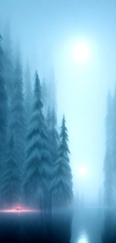 Serene winter forest with snowy trees and a glowing moon reflecting on water.