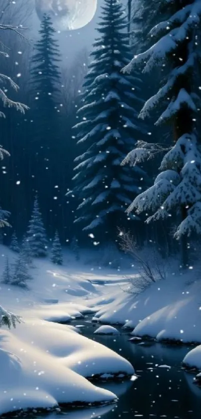 Serene winter forest with snow-covered trees and moonlit sky.