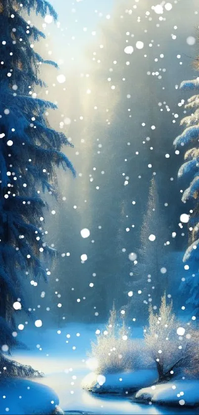 Serene winter forest with snow and frozen stream.