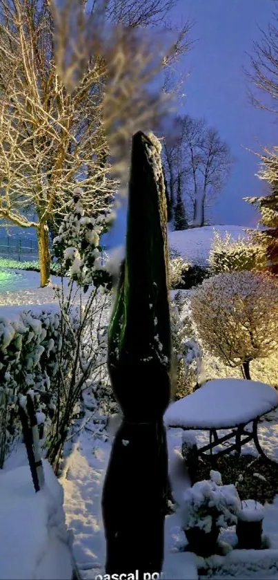 Serene winter garden view with snow-covered trees.