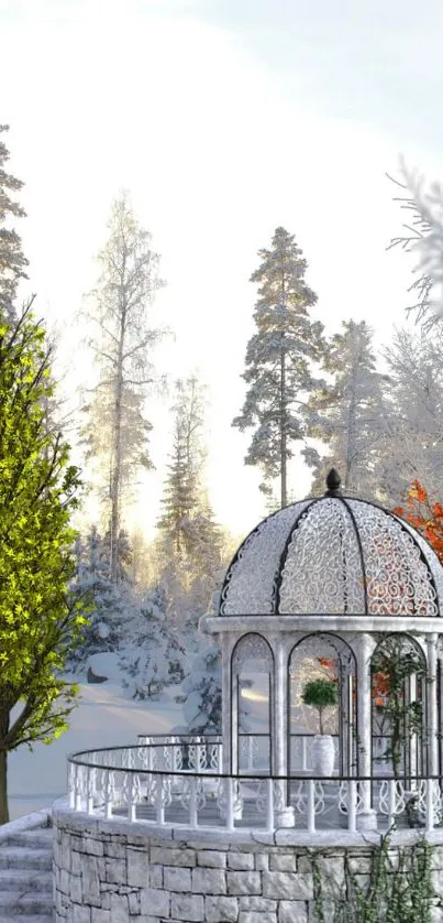 Snowy landscape with gazebo and trees.