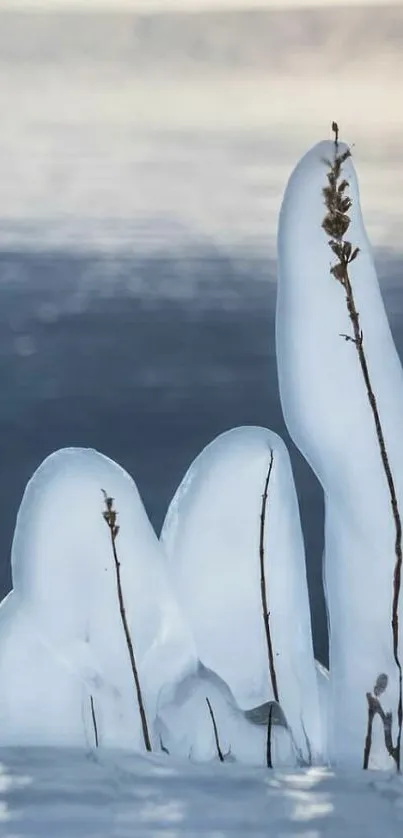 Tall ice formation against a serene icy lake.