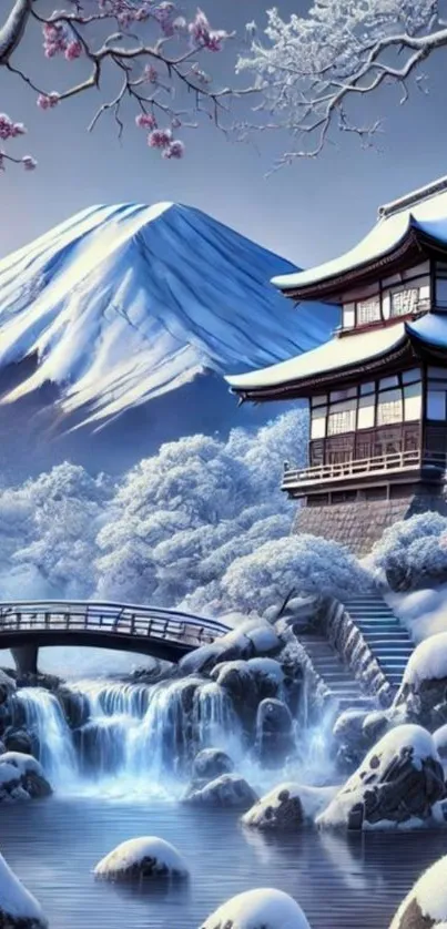 Scenic Japanese winter landscape with pagoda.