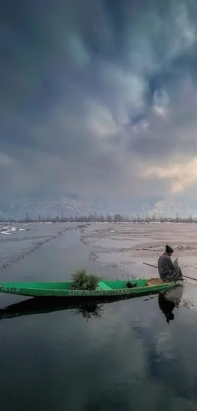 Lone figure in boat on tranquil winter lake, moody sky overhead.