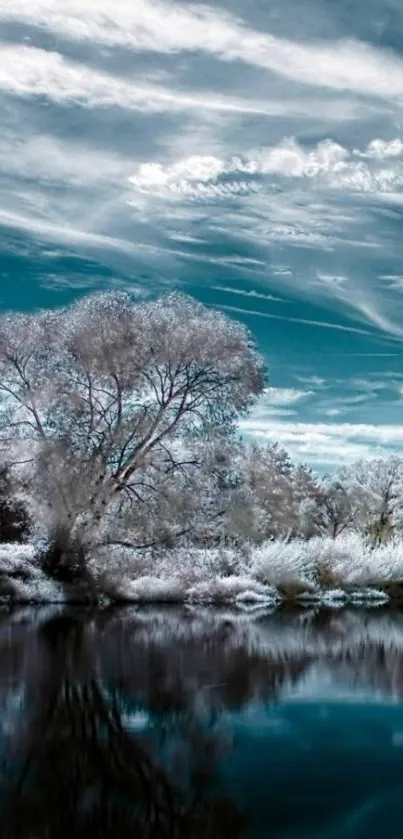 Serene winter landscape with lake reflection and cloudy sky.