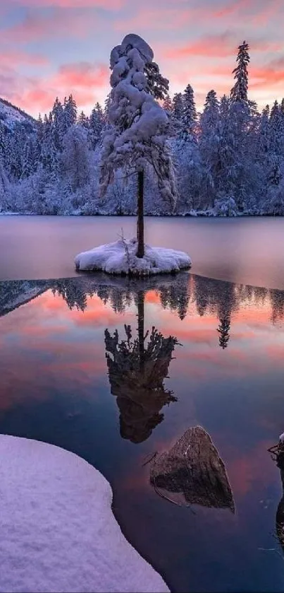 A serene winter scene with snow-covered lake at sunset.