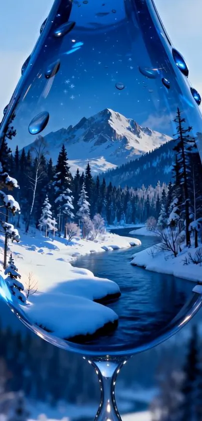 Stunning winter landscape inside water droplet.